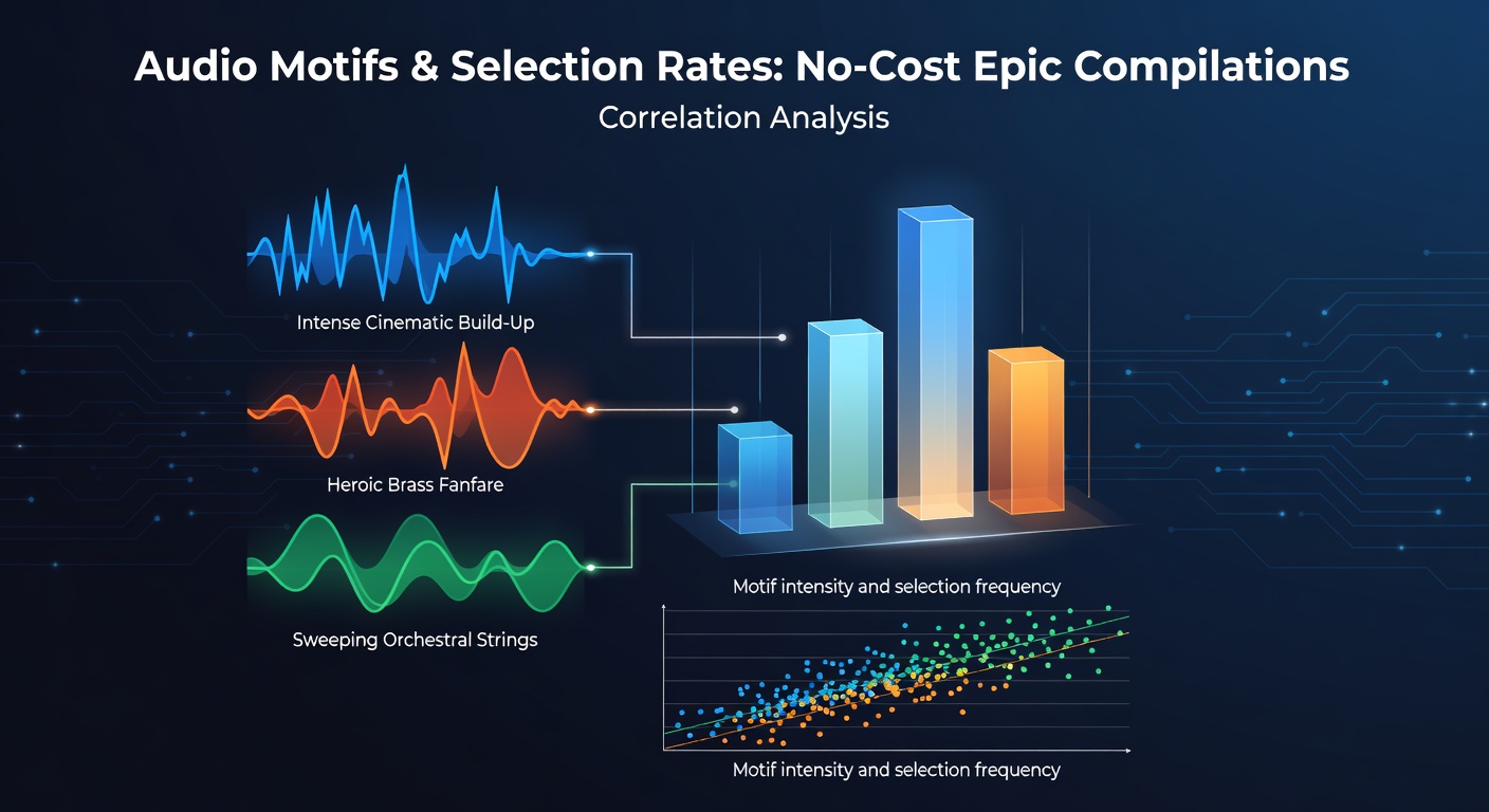 Visual representation of recurring audio motifs overlaid on epic film scenes from no-cost compilations