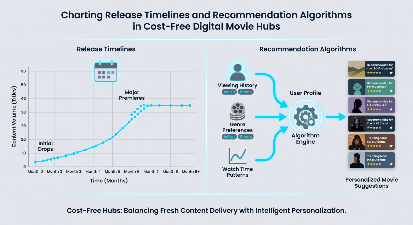 Visualization of recommendation algorithm flow and user engagement patterns in free movie hubs