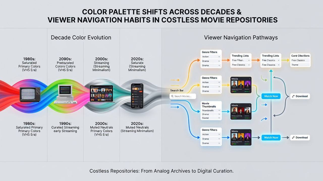 Viewer interface showing color-based thumbnail sorting in a free movie repository with navigation metrics overlaid