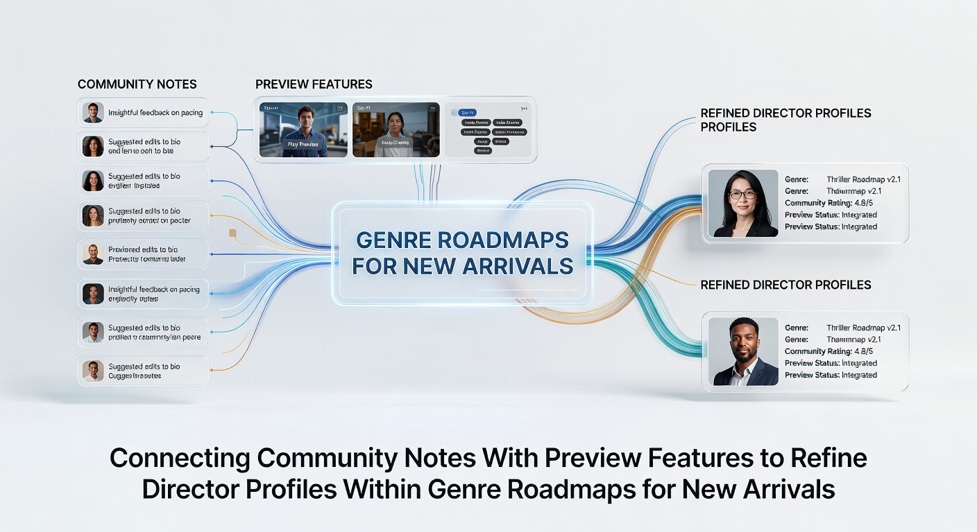 Streaming platform interface showing community notes linked to director preview clips within a genre roadmap