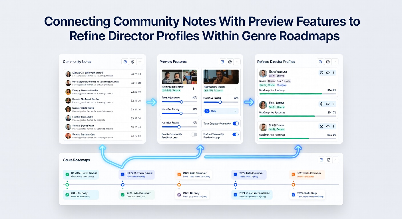 Genre roadmap dashboard displaying refined director profiles with attached community notes and preview thumbnails
