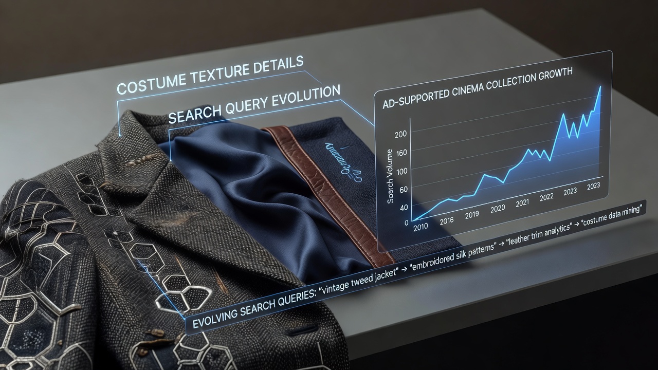 Search query evolution chart linking costume fabrics to decade-sorted ad-supported film results