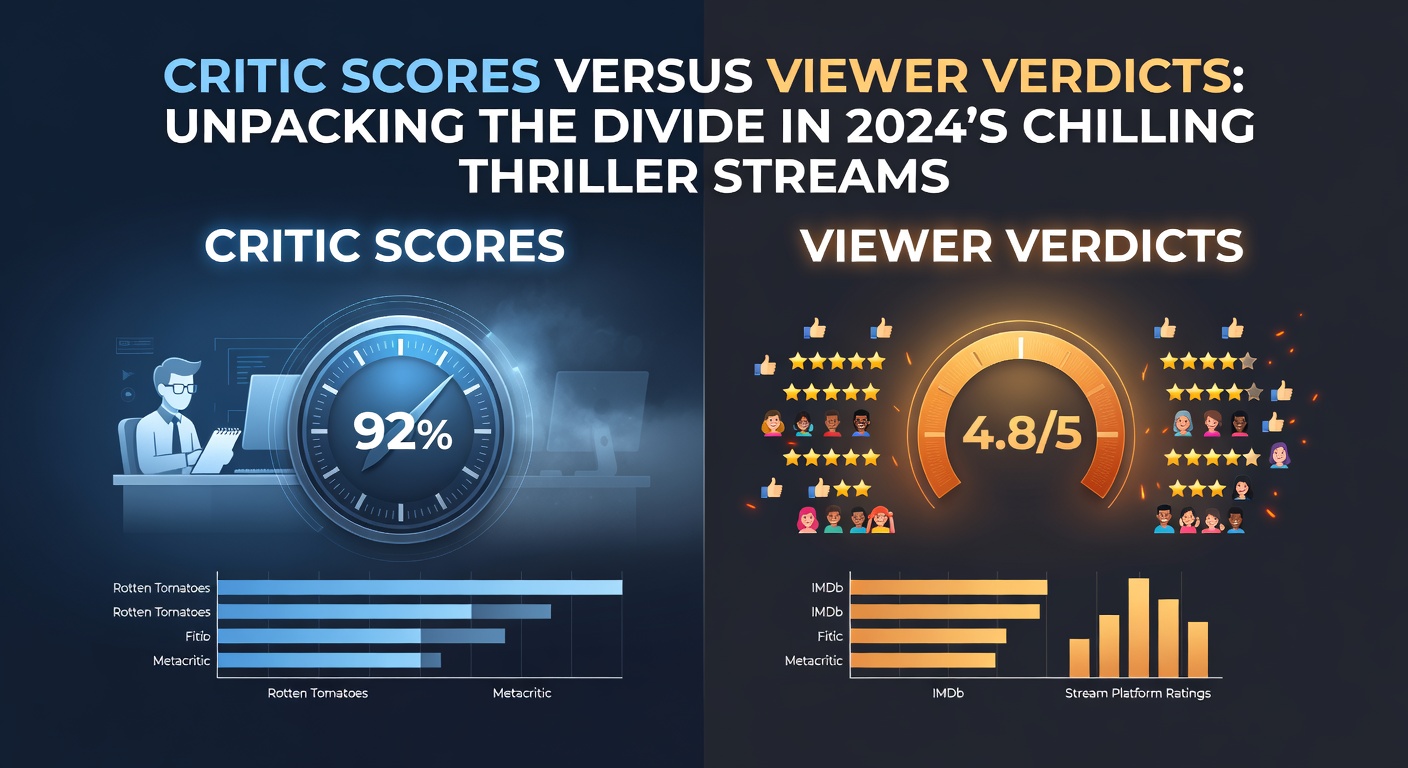 Split graph comparing low critic scores in red against high audience ratings in green for popular 2024 streaming thrillers like The Strangers Chapter 1