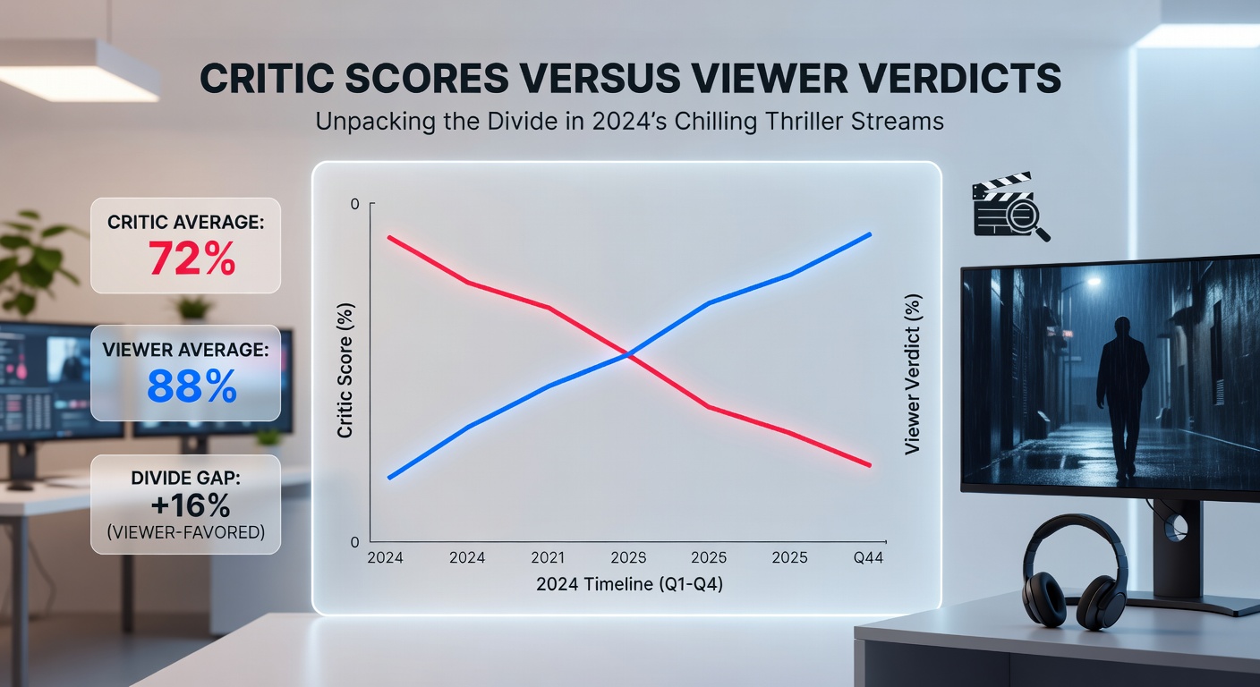 Collage of 2024 thriller posters including Tarot and Imaginary, overlaid with score comparison charts showing audience enthusiasm outpacing critics