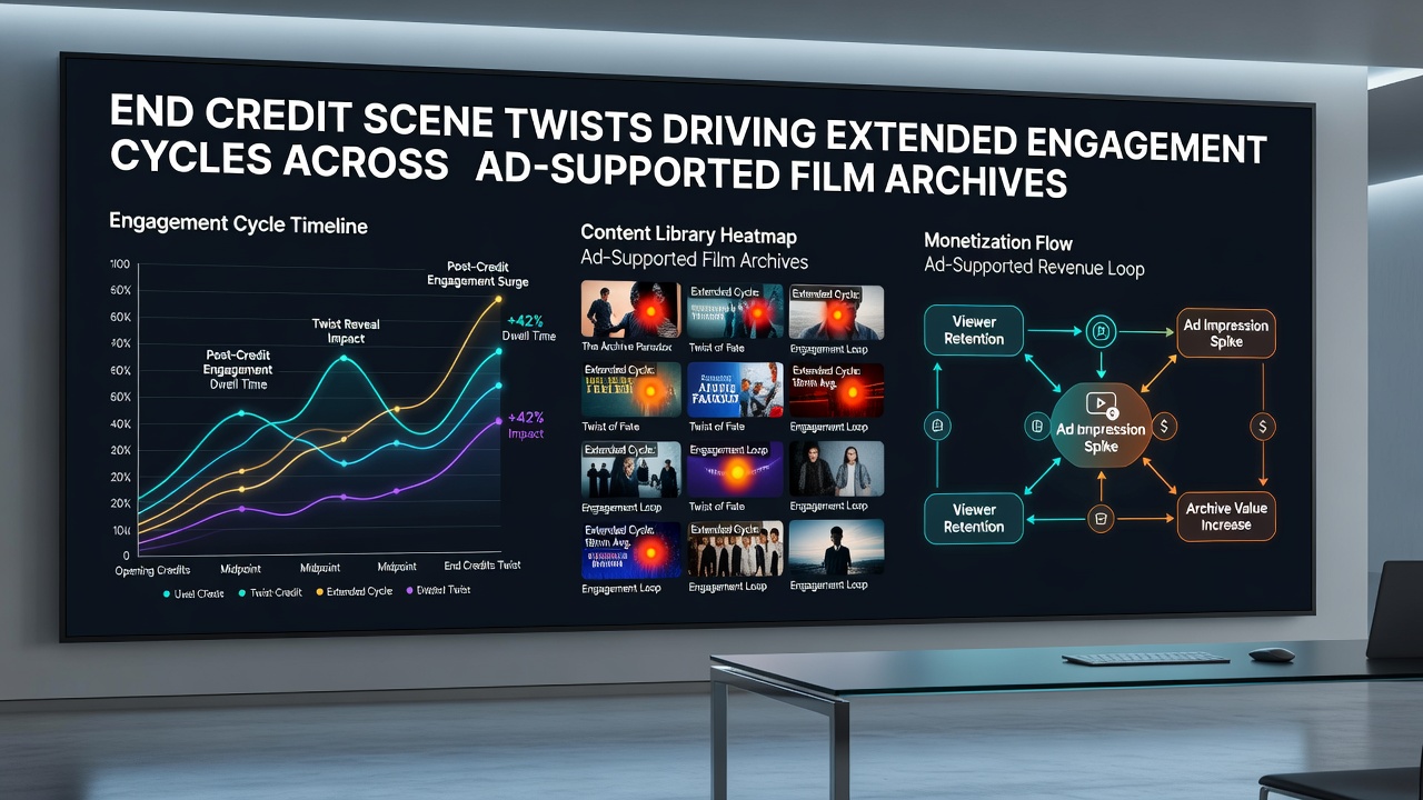 Viewer engagement graph illustrating extended cycles after end credit twists in free film libraries