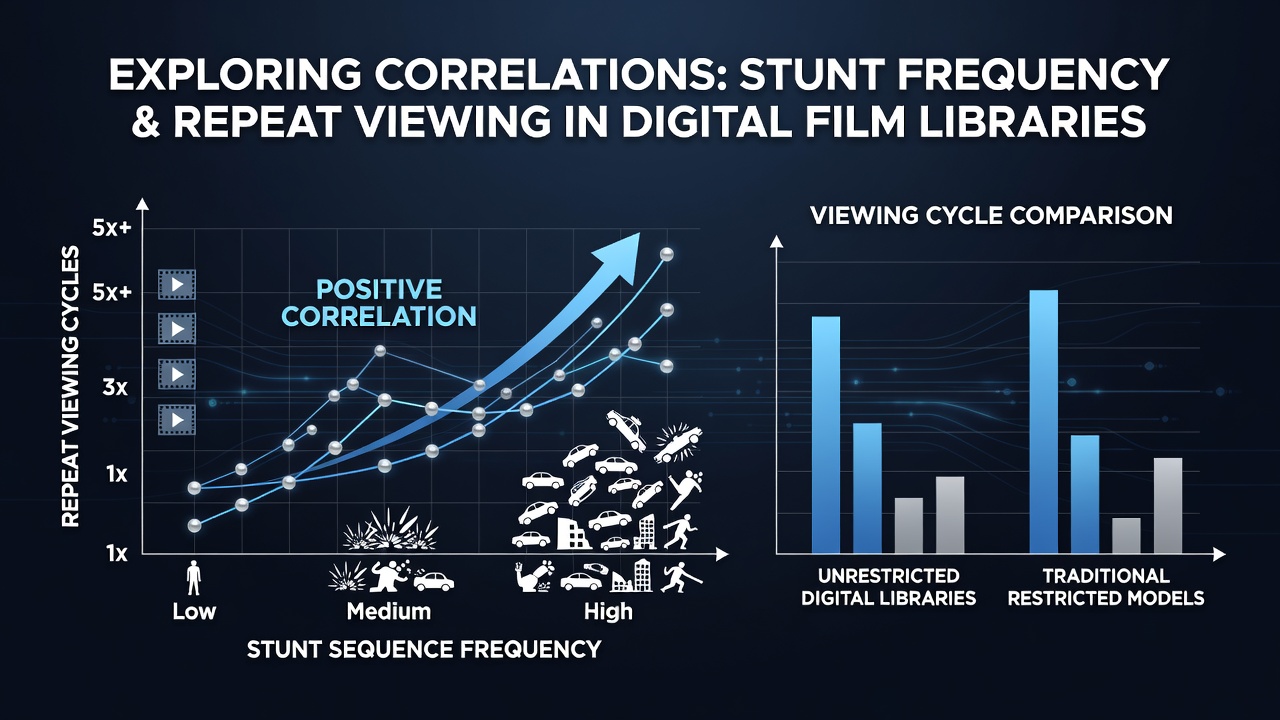 Digital film library interface displaying action movie thumbnails with highlighted stunt sequence indicators