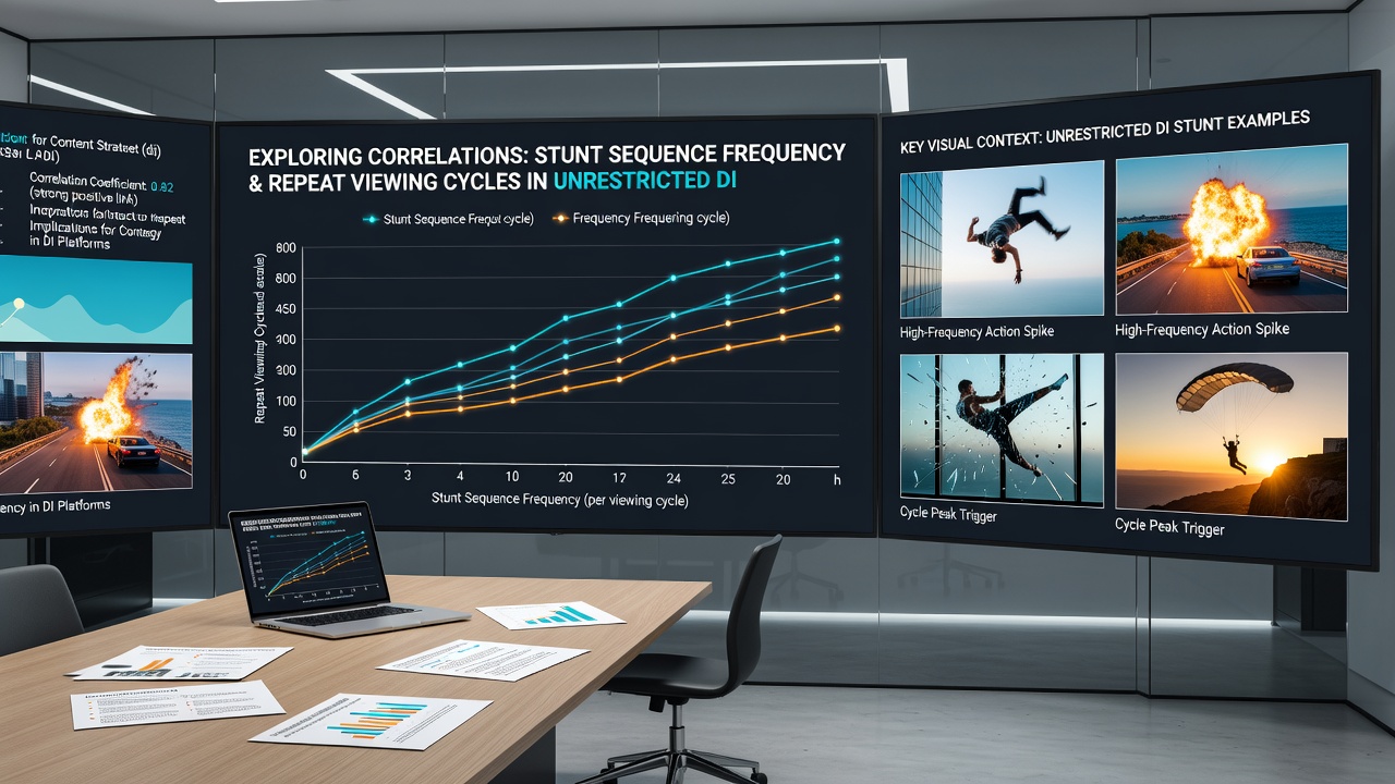 Analytics dashboard showing graphs of stunt frequency plotted against repeat viewing cycles in film libraries