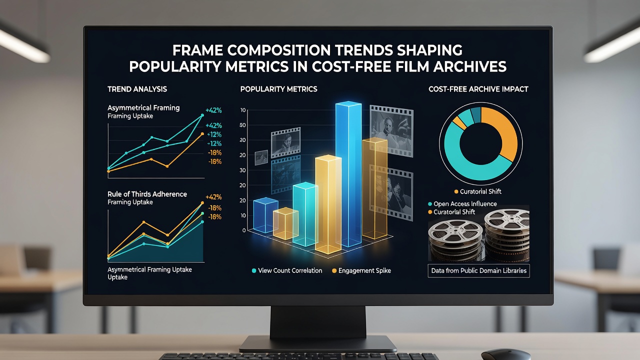 Visual analysis of frame composition elements like rule of thirds and leading lines in free archive films