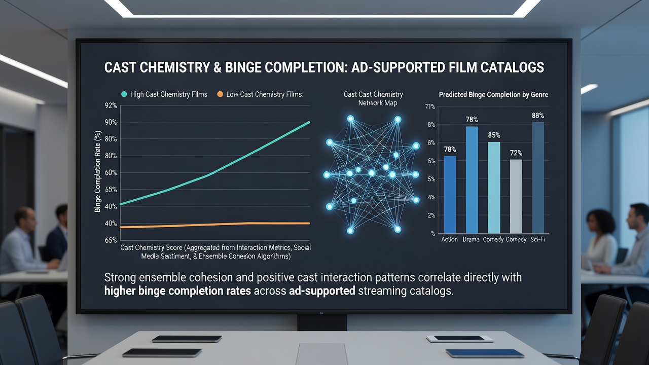 Graph displaying correlation between cast chemistry scores and binge completion percentages across ad-supported catalogs