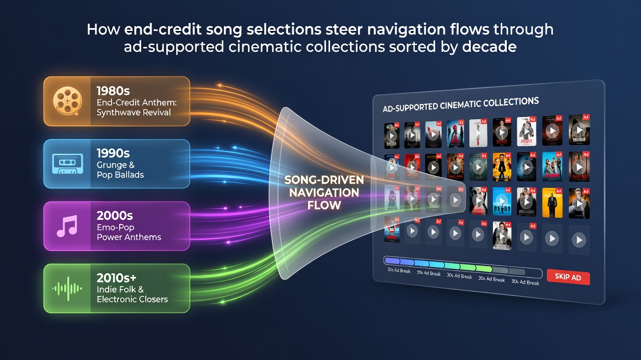 Visual representation of decade-sorted movie collections with end-credit song elements influencing user navigation paths
