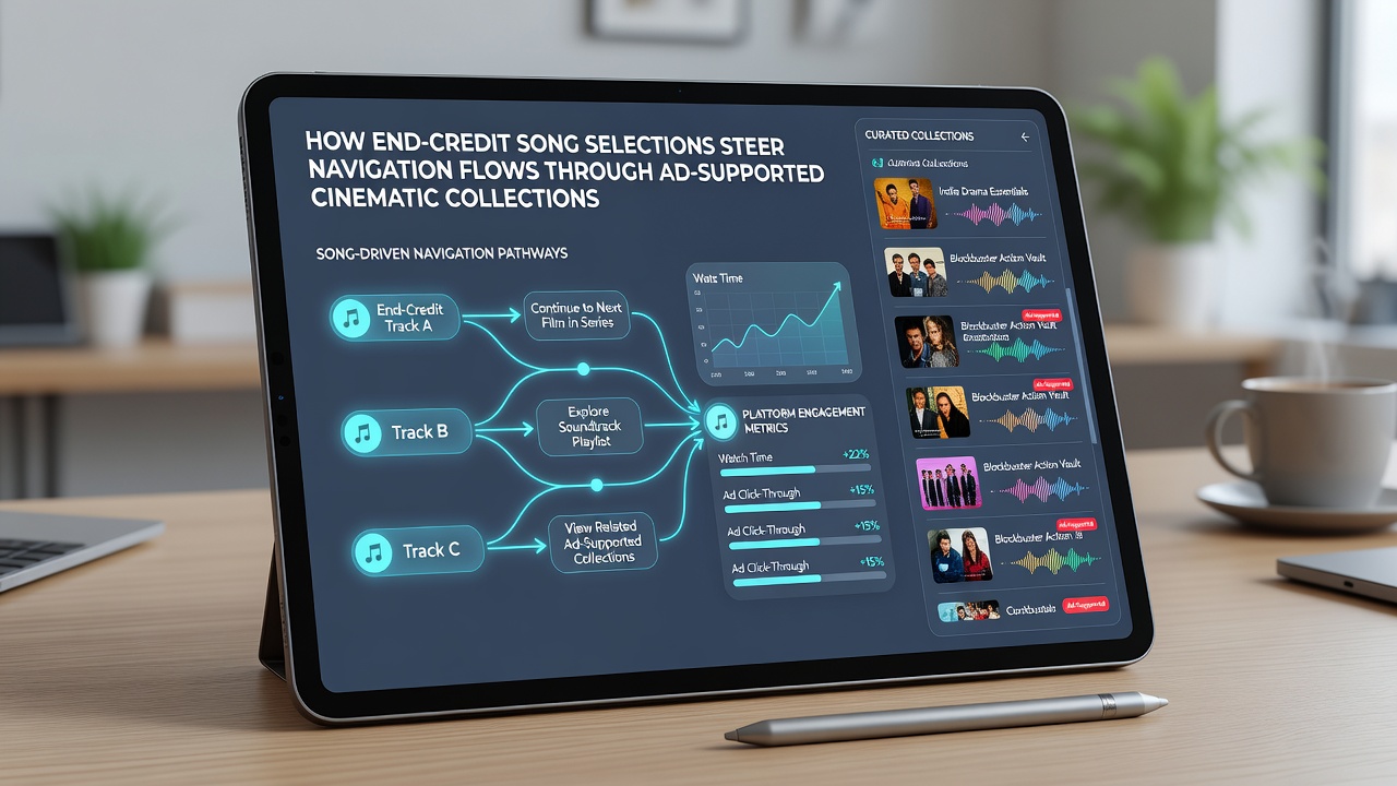 Analytics dashboard displaying navigation flows between decade categories triggered by credit song selections