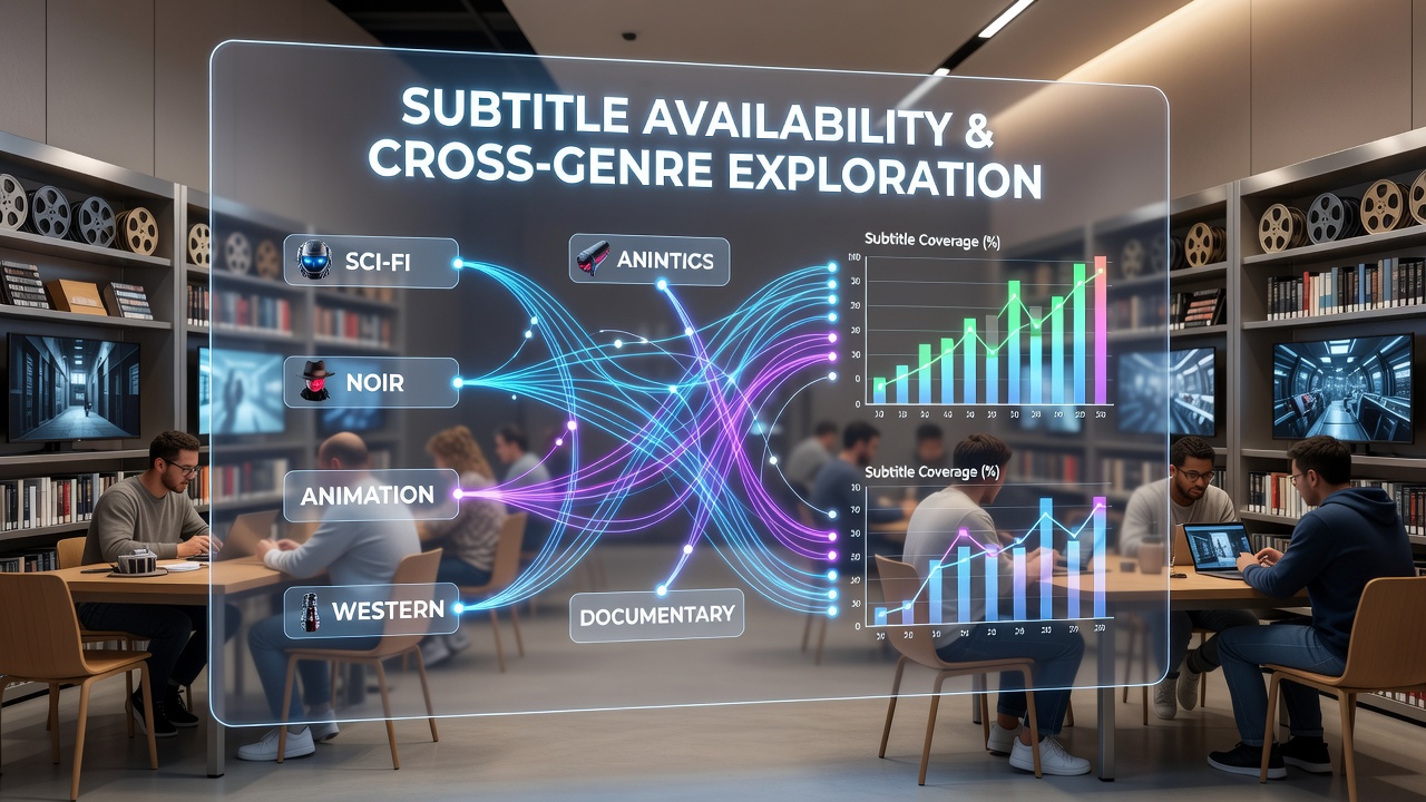 Open access film library interface displaying subtitle options across multiple genres including drama, documentary and animation