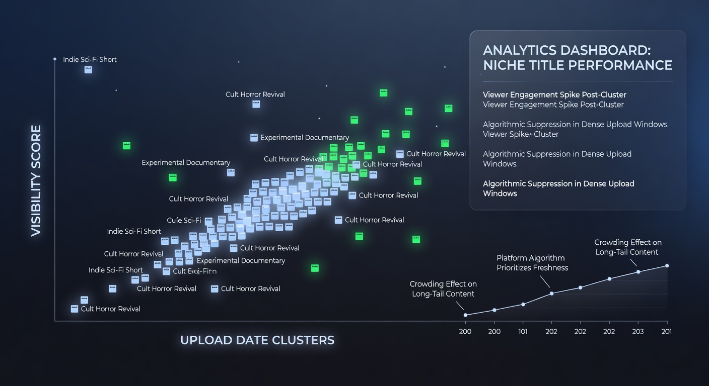 Chart showing visibility metrics for niche titles based on upload timing clusters