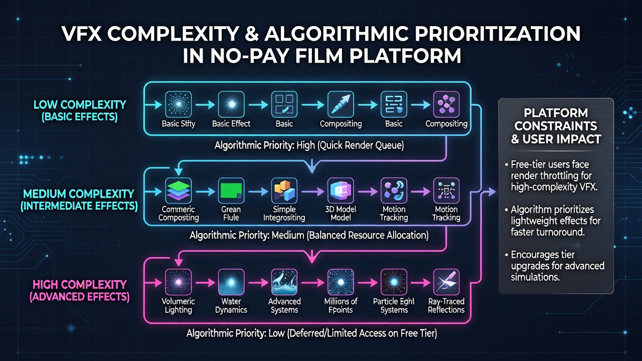 Algorithm flow diagram showing how visual effects data feeds into content ranking on no-pay platforms