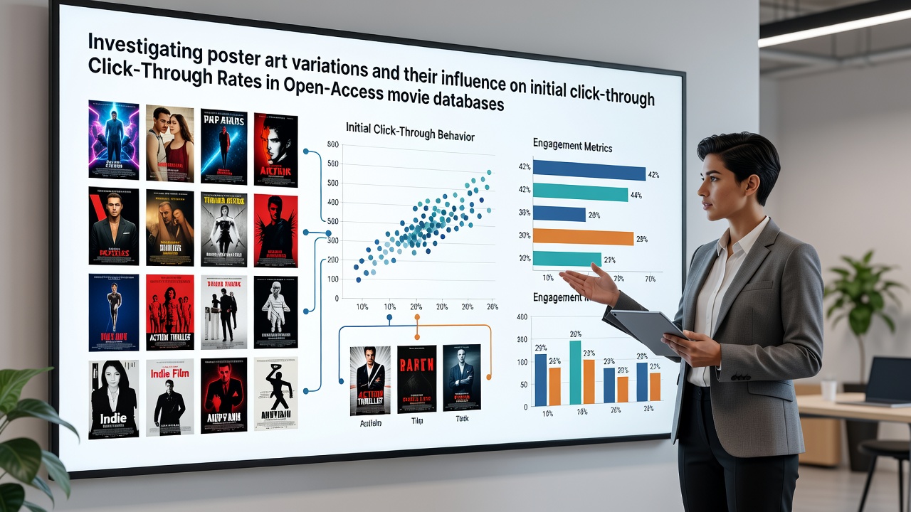 Side-by-side examples of poster art variations highlighting color schemes, composition differences, and text placement across open-access movie platforms