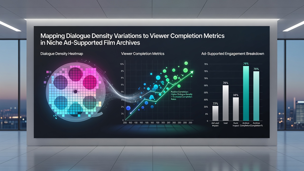 Detailed charts comparing dialogue density levels with viewer completion percentages segmented by film genre in ad-supported libraries