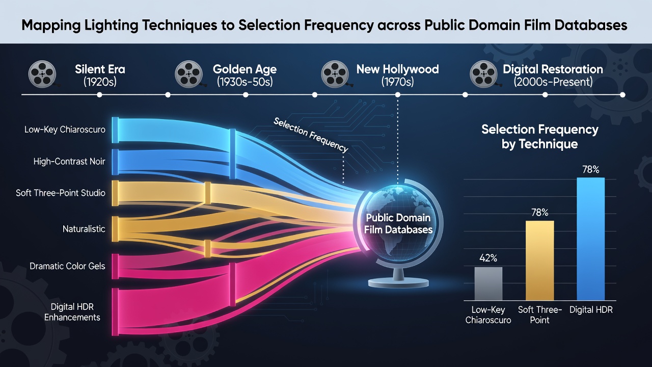 Visualization of lighting technique distributions mapped against viewer selection rates in public domain archives