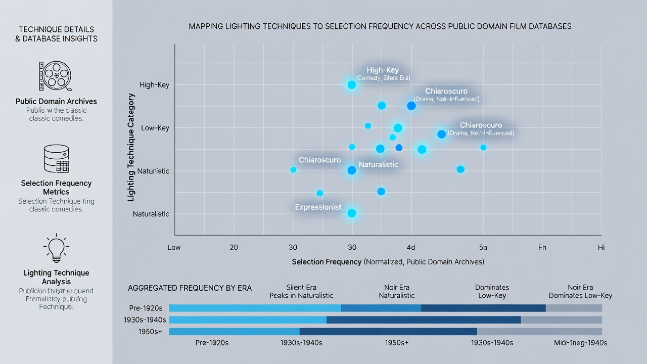 Charts displaying selection frequency trends correlated with specific lighting styles across multiple public domain film collections