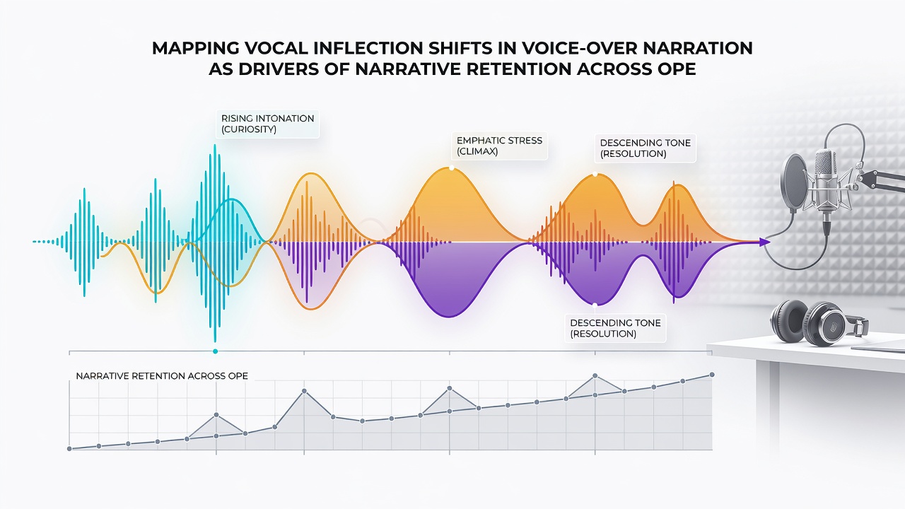 Graph illustrating narrative retention rates correlated with vocal inflection changes in voice-over segments from open film collections