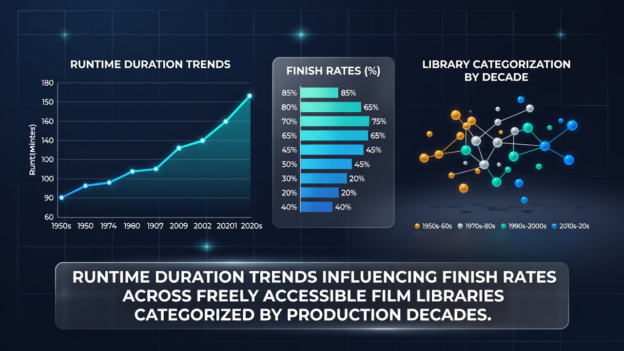 Chart displaying average runtime lengths and completion percentages for films from different production decades in open-access libraries