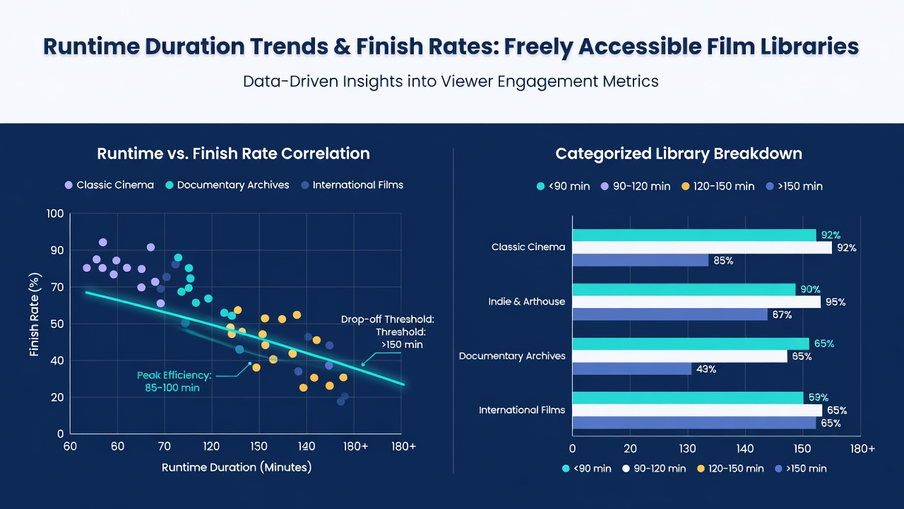 Comparison of viewer finish rates plotted against runtime categories for films grouped by decade in ad-supported archives