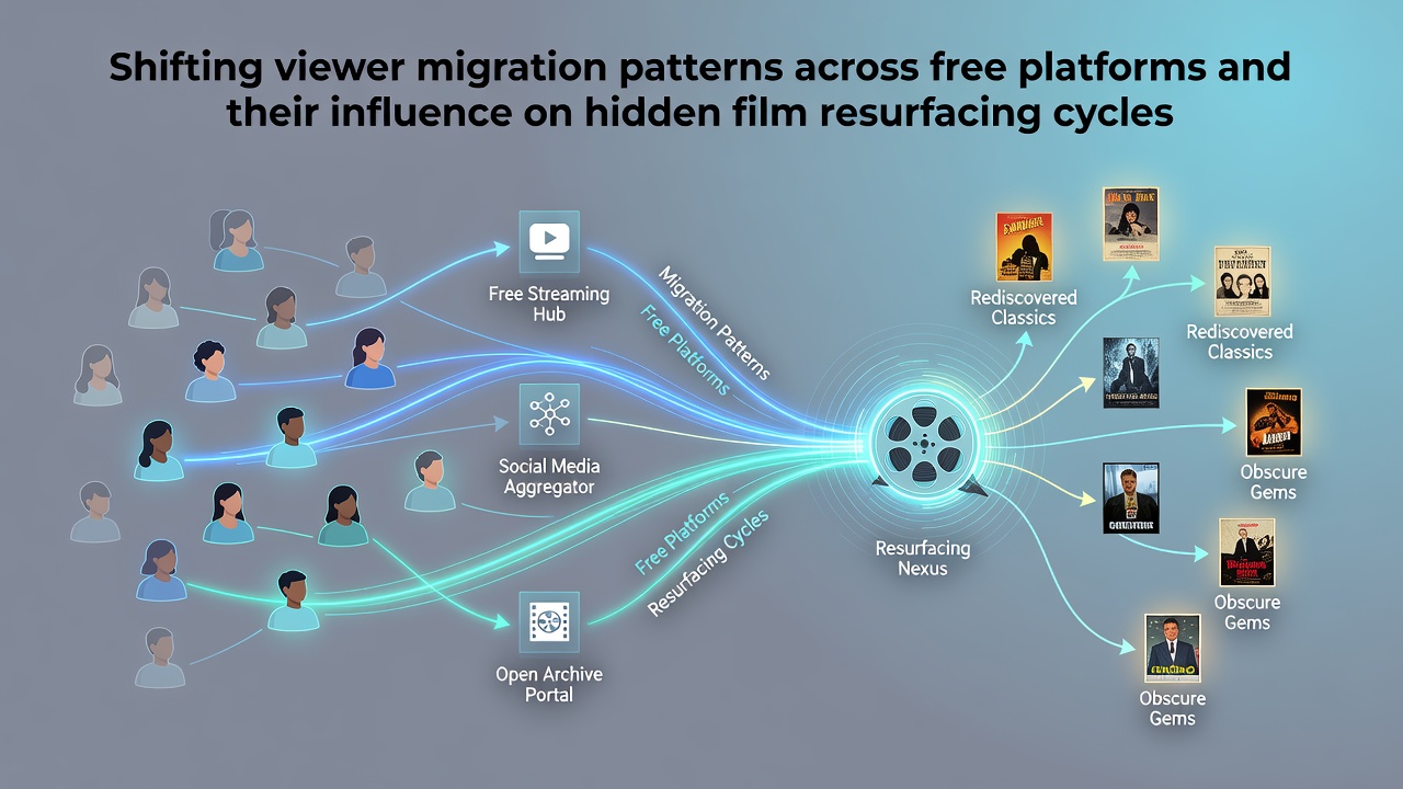 Viewer migration patterns illustrated across multiple free streaming platforms with data flow arrows connecting hidden film titles