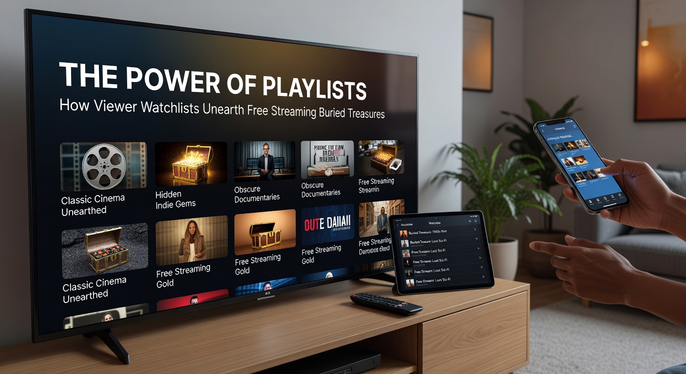 A diverse group of viewers scrolling through personalized watchlists on free streaming apps, highlighting underrated films and shows with glowing recommendations
