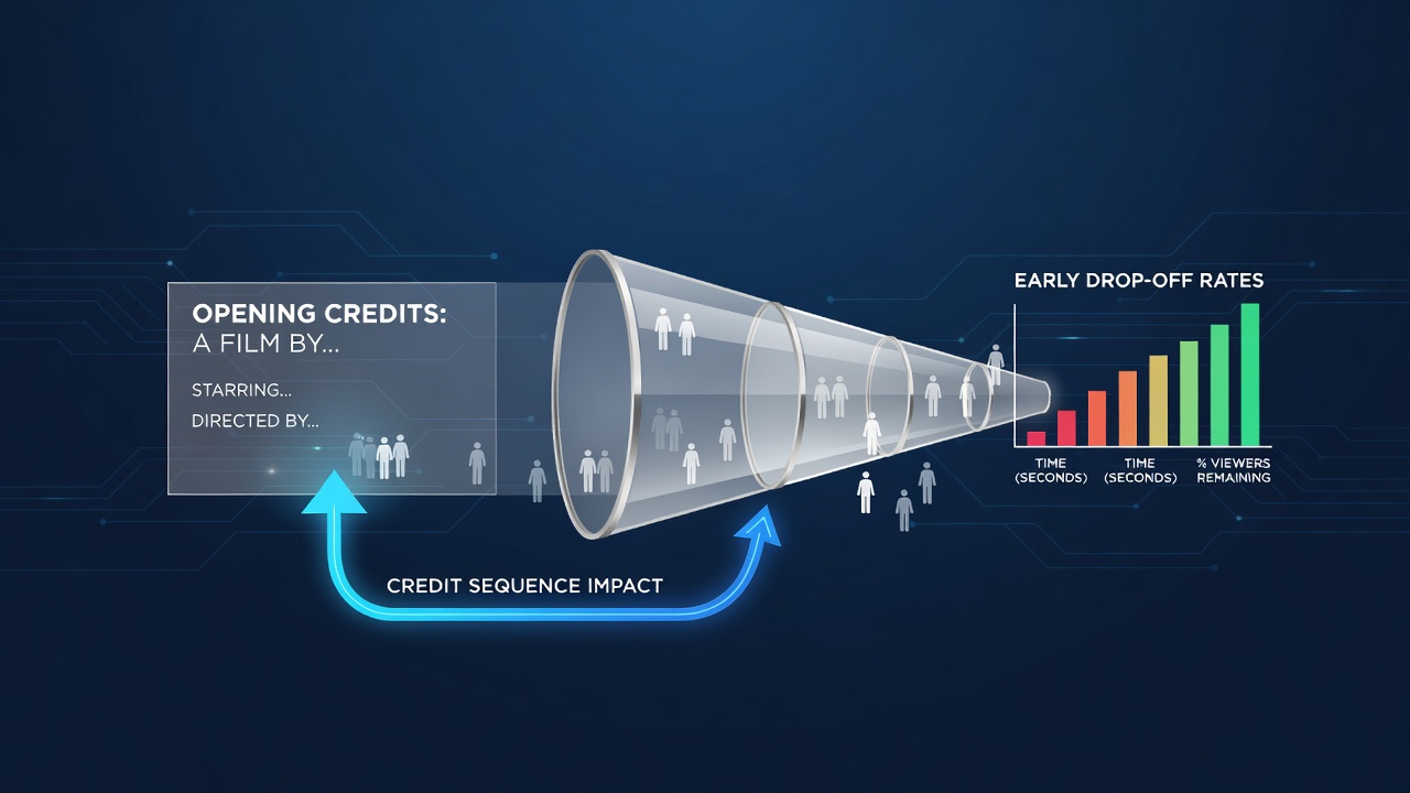 Opening credit sequence from a classic film displayed on a streaming interface with viewer retention metrics overlaid